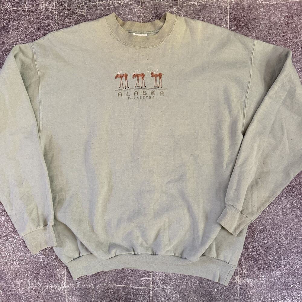Men's Vintage 90's Talkeetha Alaska Moose Mint Green Crewneck Sweatshirt Sz L